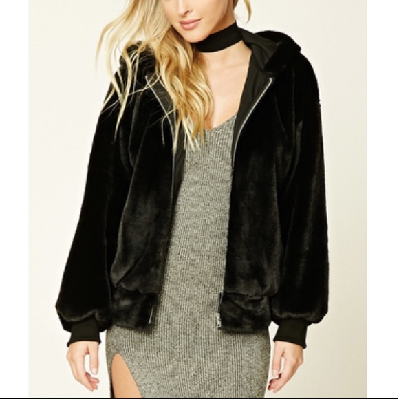 Forever 21 Jackets & Blazers - Faux Fur Hooded Jacket - Black